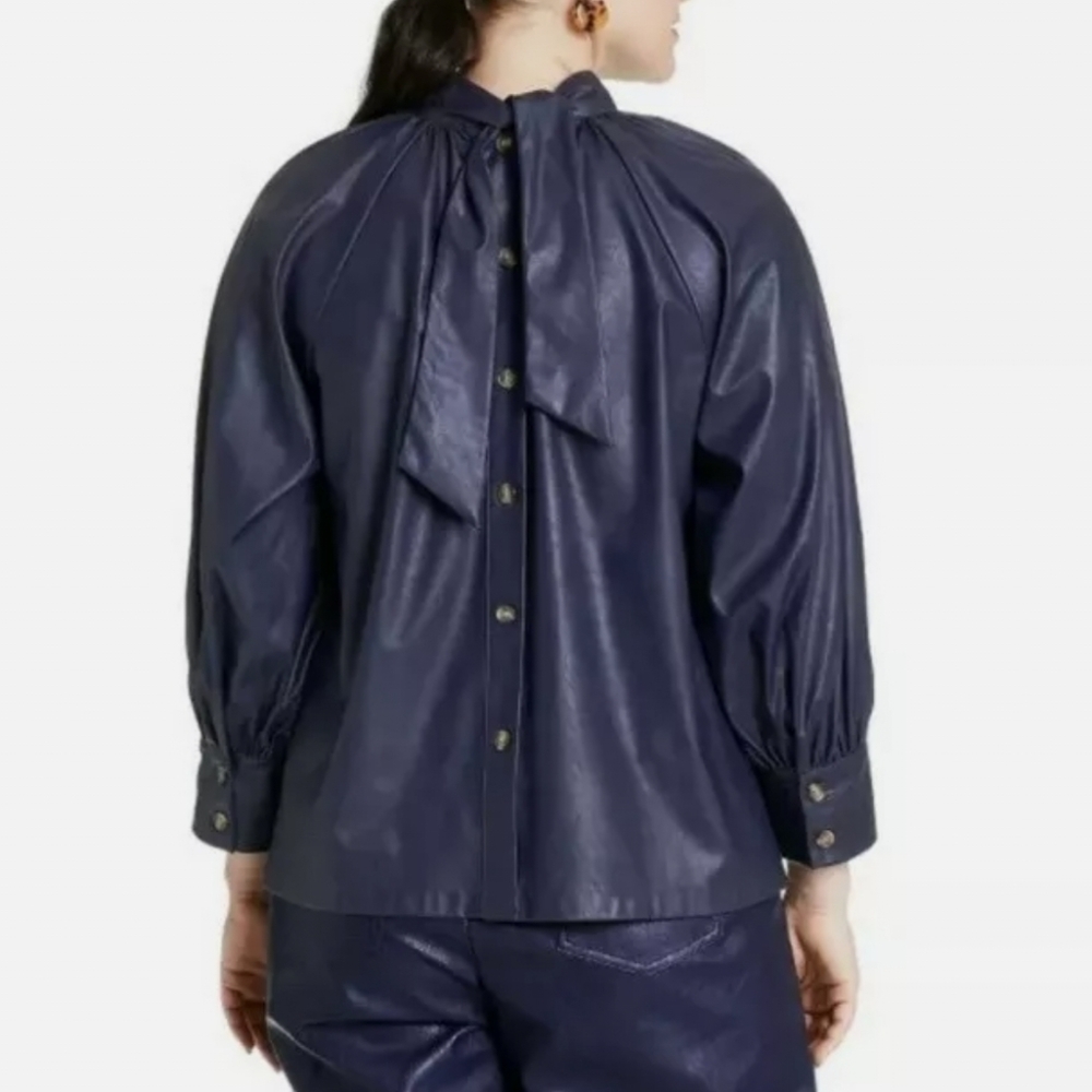 NWOT Rachel Comey Long Sleeve Faux Leather Tie Back Top Tunic Sz 1X Navy